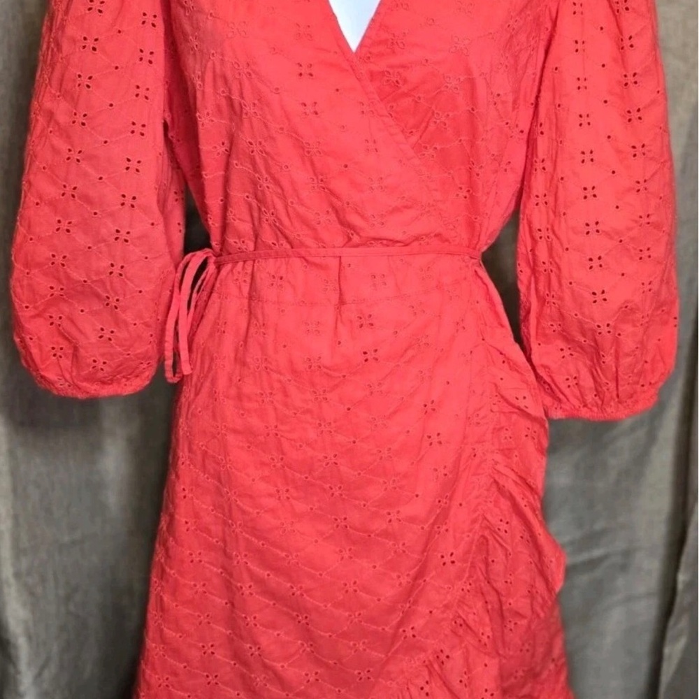 GAP Coral Eyelet Wrap Dress with Puff Sleeves LT large